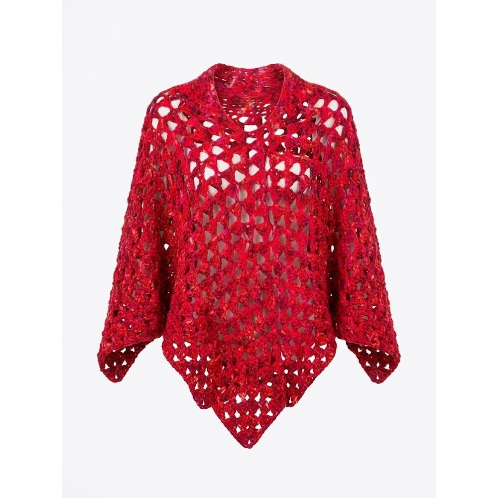 Handmade Crochet Poncho Womens OS Red Open Knit Boho Festivalcore Indie Folk